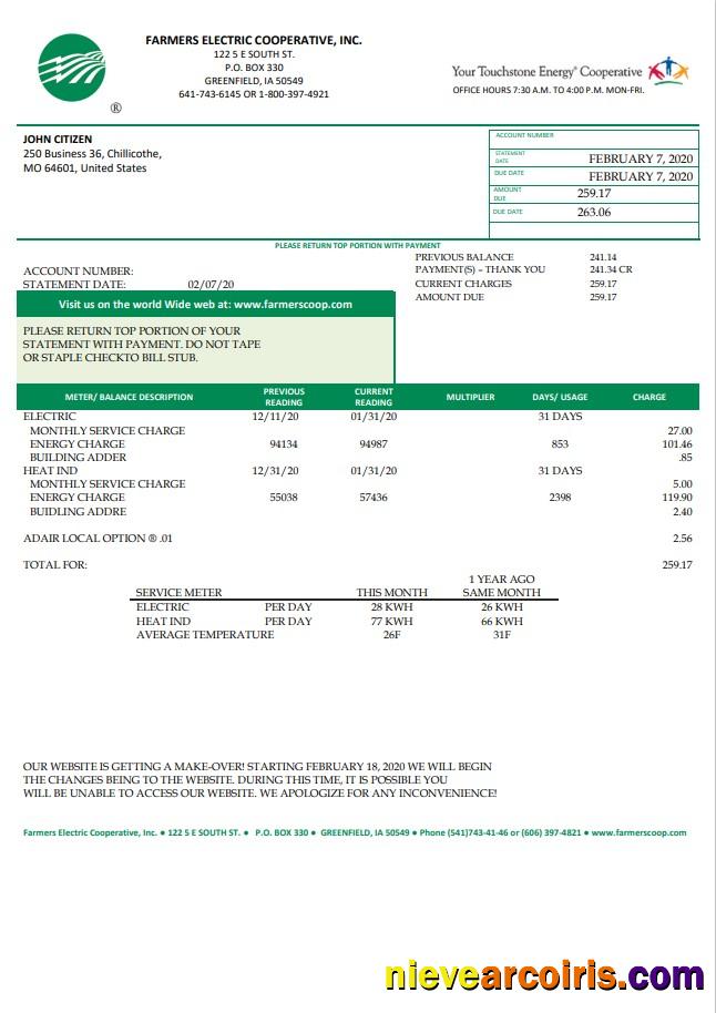 USA Ohio Farmers Electric Cooperative utility bill version 2
